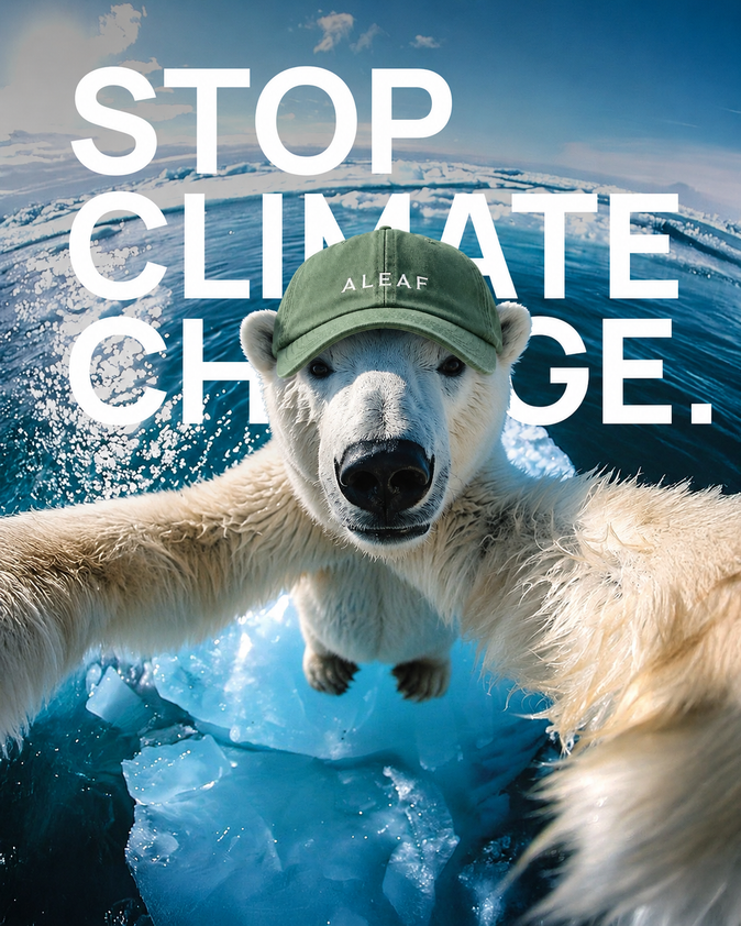 Aleaf climate campaign featuring a polar bear against melting sea ice