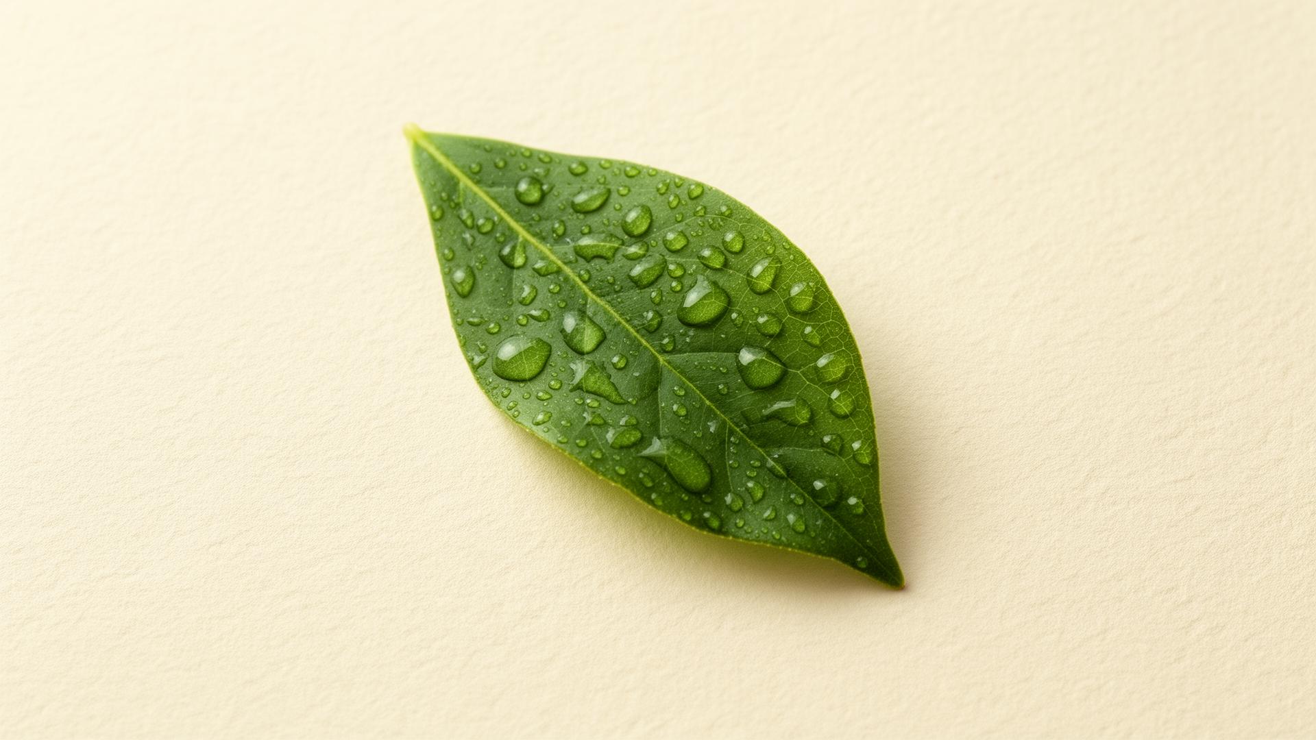 Single fresh leaf with dew on cream background