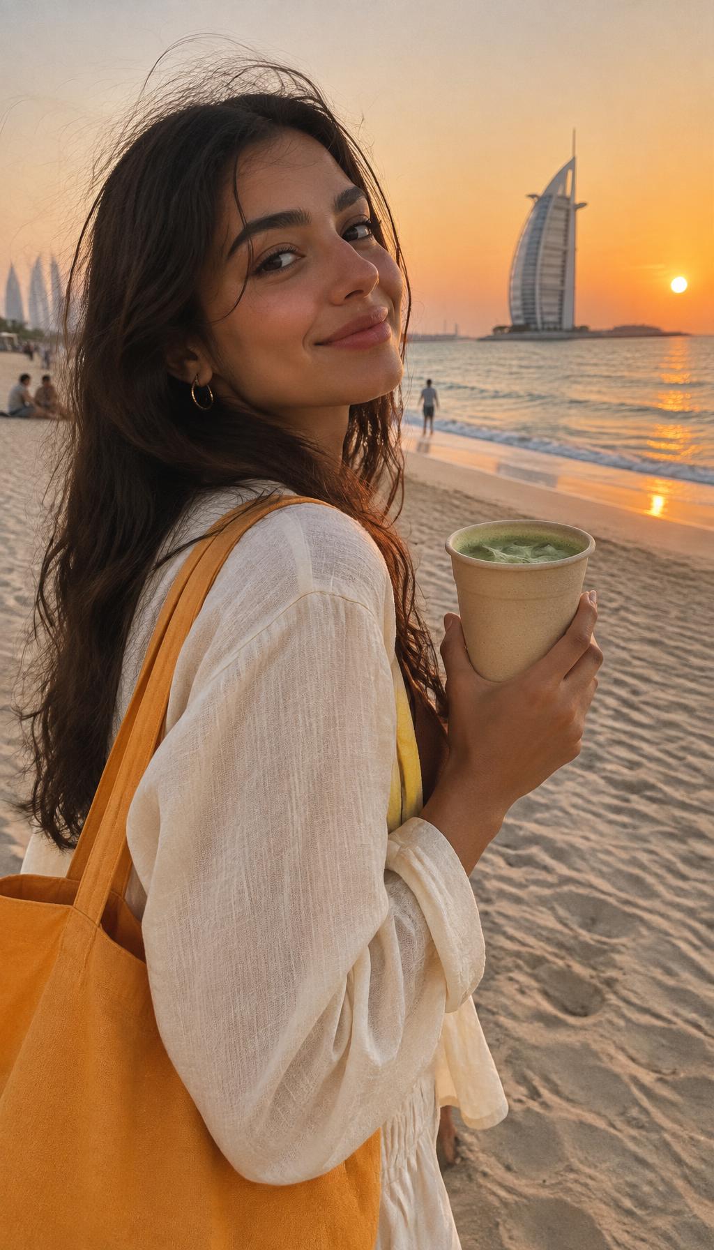 Woman carrying matcha in a plant-fibre cup at Jumeirah beach