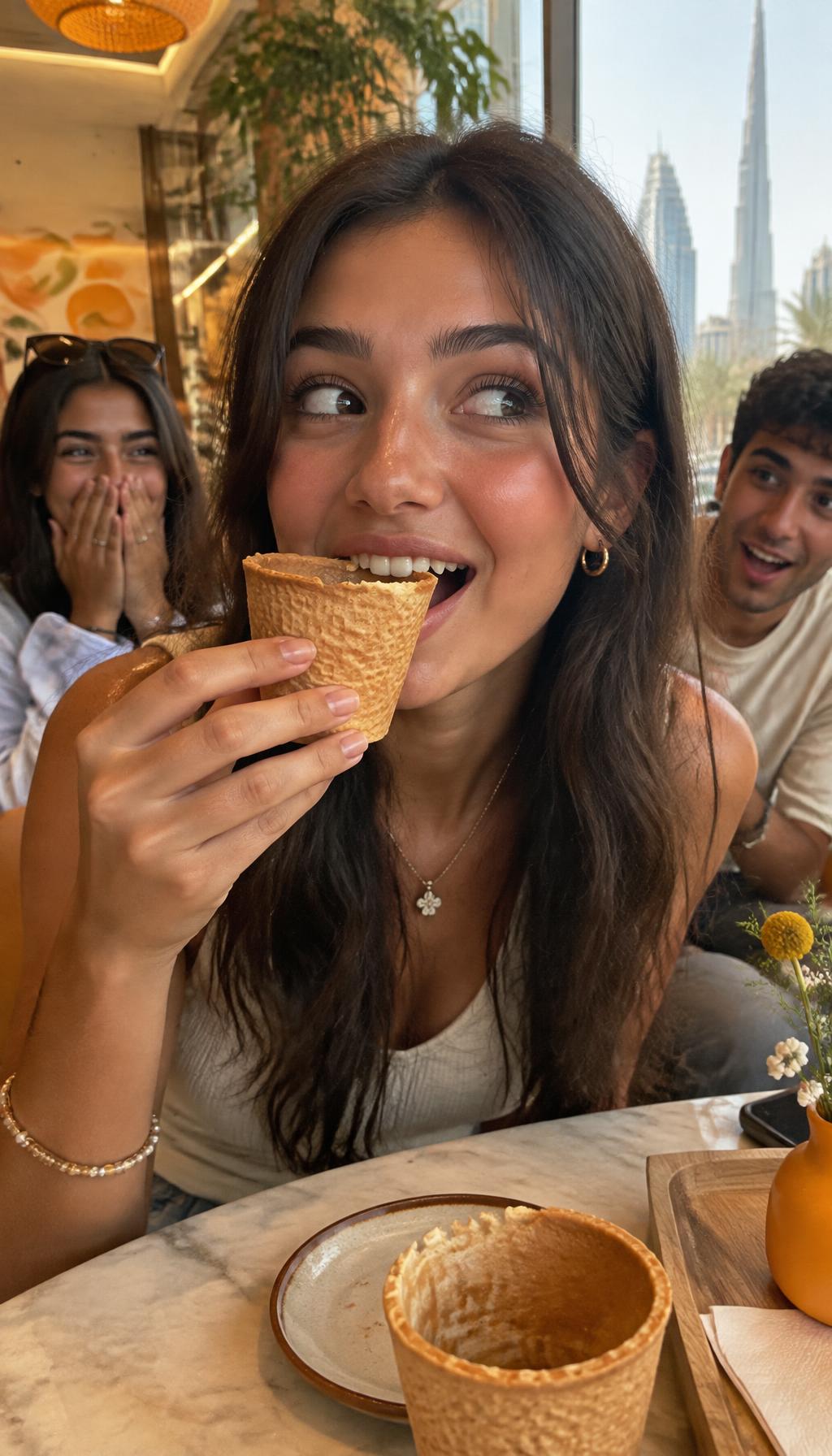 Friend trying an edible wafer coffee cup in a Dubai café