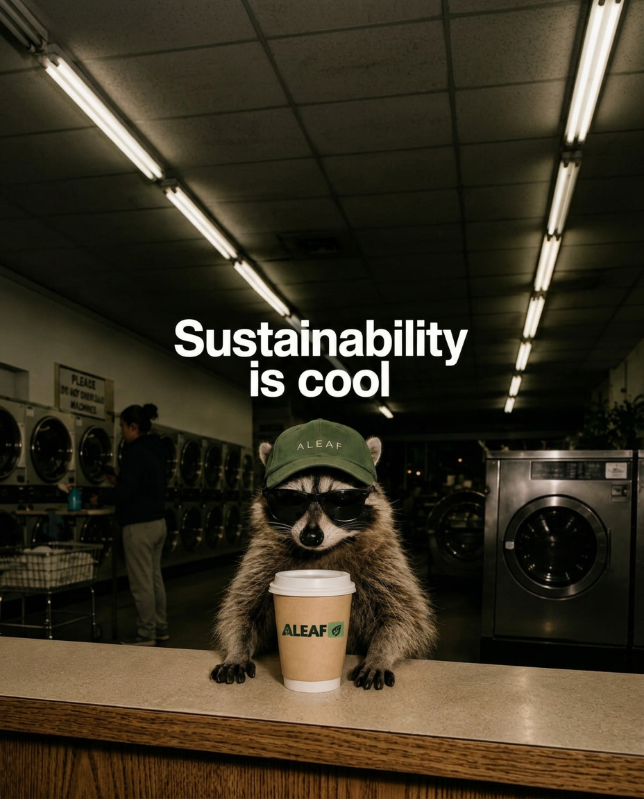Aleaf sustainability campaign featuring a raccoon with a compostable cup